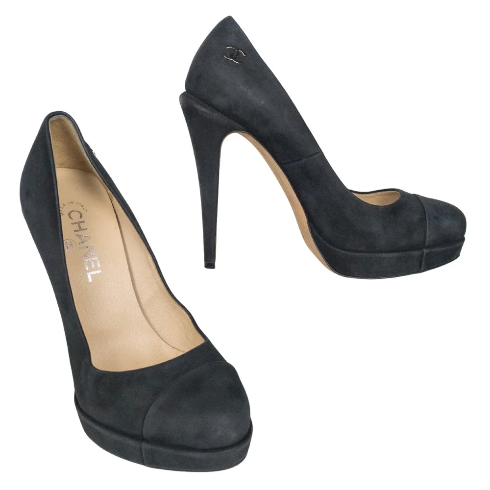 CHANEL Black Calfskin Leather Cap Toe CC Platform Pumps Women's FR 39.5 US 8.5